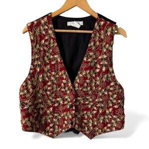 Ellen Ashley Beaded Floral Vest L‎ Red Black Gold Holiday Boho Vintage Style